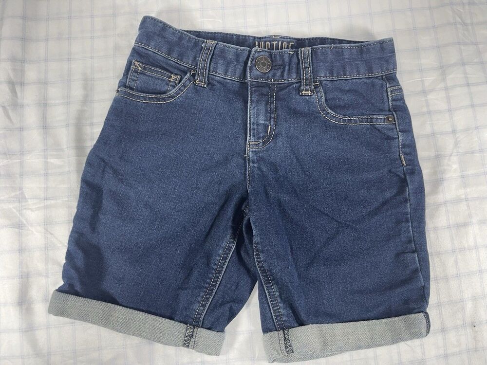 Justice Girls Denim Shorts Size 8 Dark Wash Cuffed Bermuda Stretch Jean Shorts